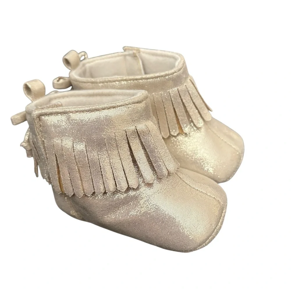 Rising Star‎ Baby Crib Shoes Gold Fringe Moccasins Size 9-12 4.5” Soft Sole